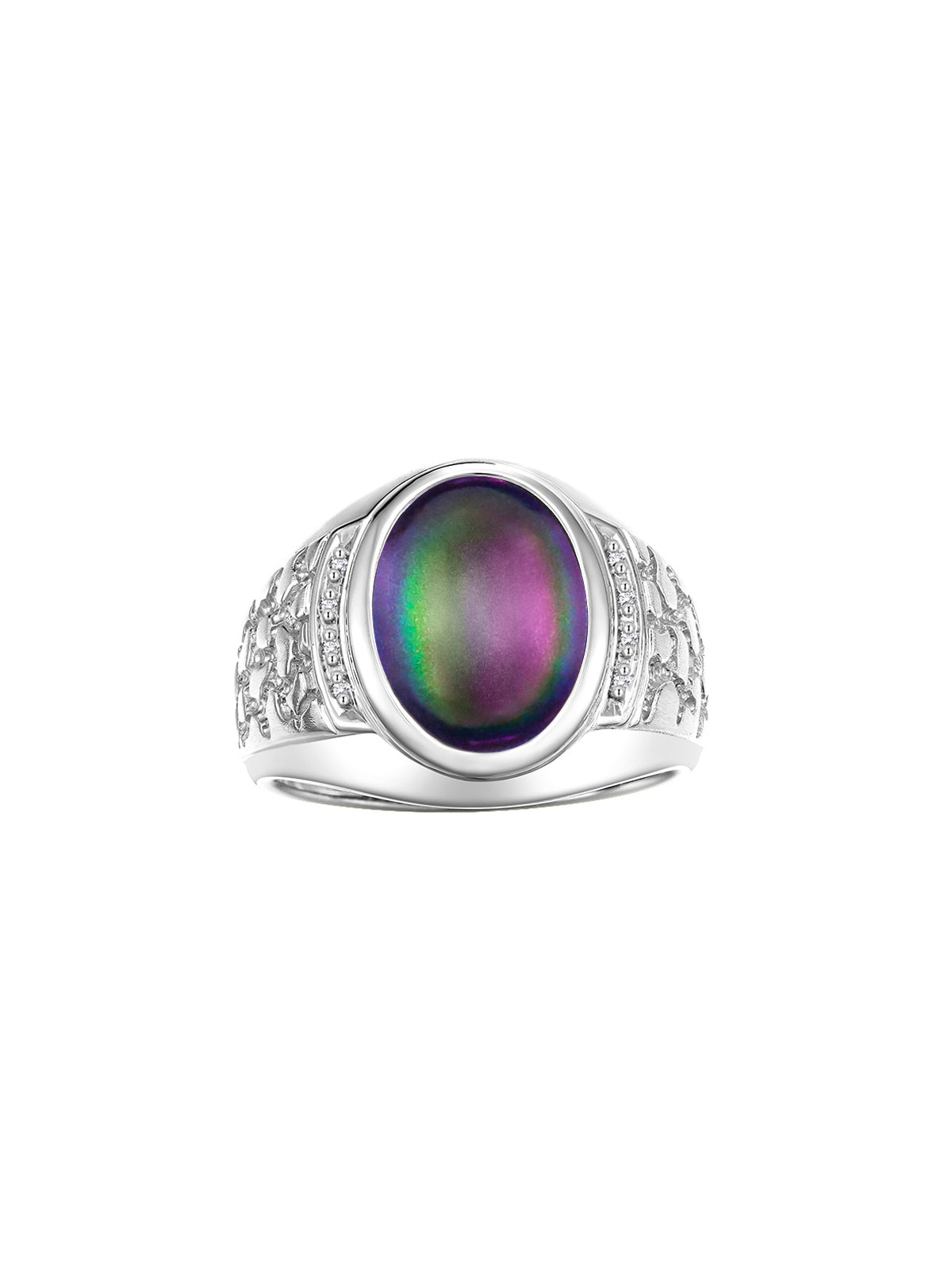RYLOS Men's 14K White Gold Nugget Ring featuring an Oval Cabochon Gemstone and Diamonds in Sizes 8-13. Exceptional Men's Jewelry.
