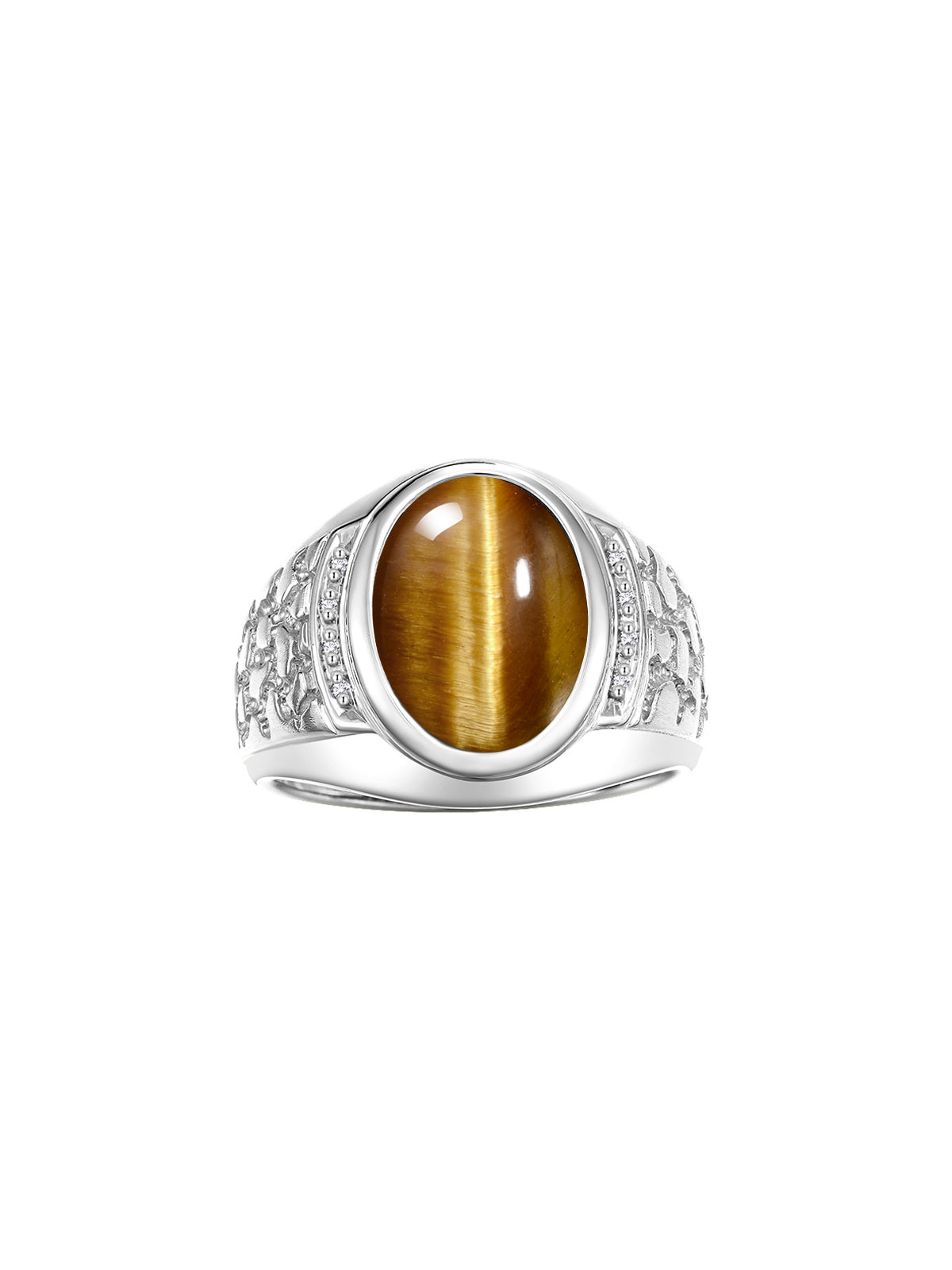 RYLOS Men's 14K White Gold Nugget Ring featuring an Oval Cabochon Gemstone and Diamonds in Sizes 8-13. Exceptional Men's Jewelry.