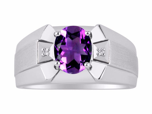 RYLOS Men's 14K White Gold Ring Classic Designer Style with 9x7MM Oval Gemstone & Diamonds, Birthstone Rings in Sizes 8-13
