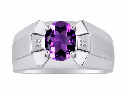 RYLOS Men's Sterling Silver Ring Classic Designer Style with 9x7MM Oval Gemstone & Diamonds, Birthstone Rings in Sizes 8-13