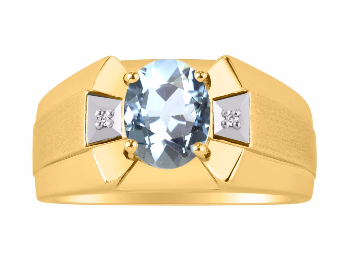 RYLOS Men's 14K Yellow Gold Ring Classic Designer Style with 9x7MM Oval Gemstone & Diamonds, Birthstone Rings in Sizes 8-13