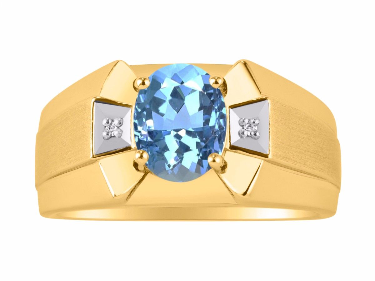 RYLOS Men's 14K Yellow Gold Ring Classic Designer Style with 9x7MM Oval Gemstone & Diamonds, Birthstone Rings in Sizes 8-13