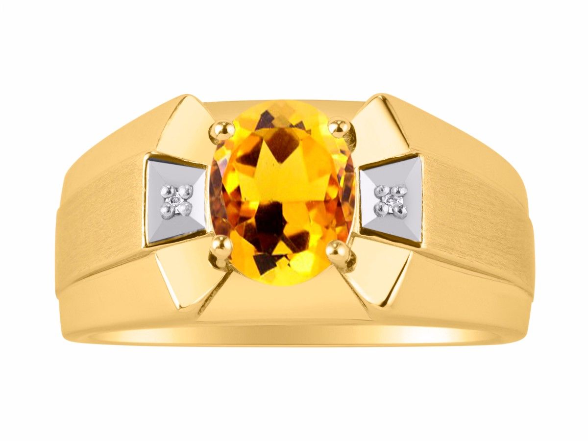 RYLOS Men's 14K Yellow Gold Ring Classic Designer Style with 9x7MM Oval Gemstone & Diamonds, Birthstone Rings in Sizes 8-13