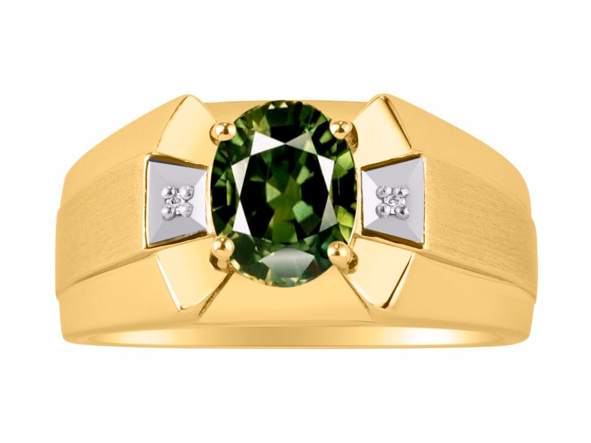RYLOS Men's 14K Yellow Gold Ring Classic Designer Style with 9x7MM Oval Gemstone & Diamonds, Birthstone Rings in Sizes 8-13