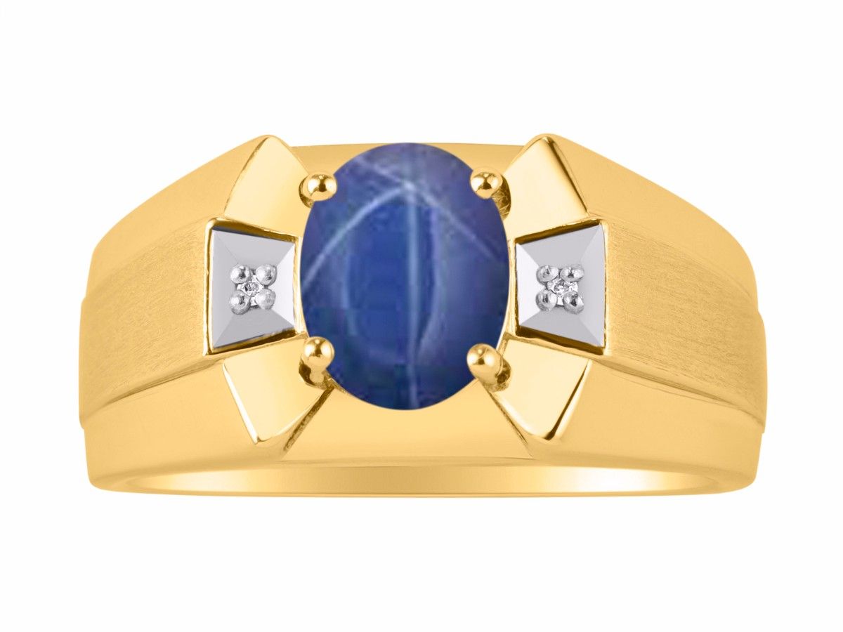 RYLOS Men's 14K Yellow Gold Ring Classic Designer Style with 9x7MM Oval Gemstone & Diamonds, Birthstone Rings in Sizes 8-13