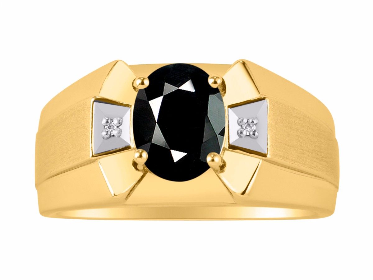 RYLOS Men's 14K Yellow Gold Ring Classic Designer Style with 9x7MM Oval Gemstone & Diamonds, Birthstone Rings in Sizes 8-13