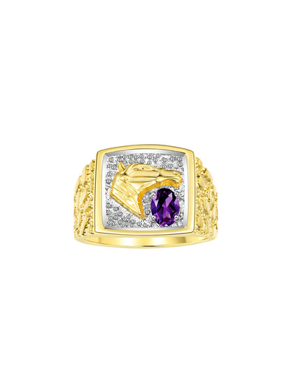 RYLOS Men's Yellow Gold-Plated Sterling Silver Lucky Nugget Horse Head Ring with 6X4MM Gemstone and Diamonds - Birthstone Elegance for Men, Sizes 8-13 Available