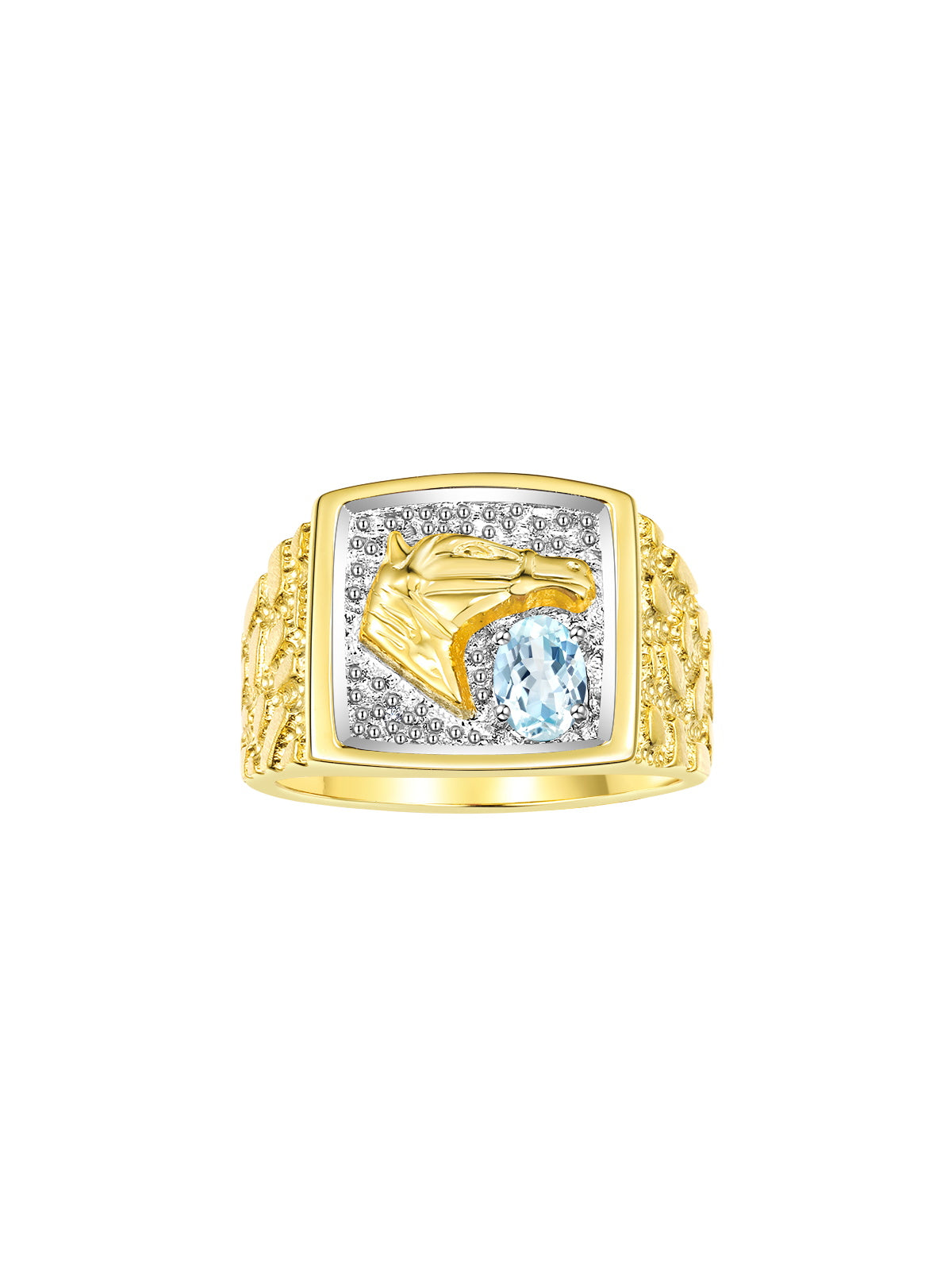 RYLOS Men's Yellow Gold-Plated Sterling Silver Lucky Nugget Horse Head Ring with 6X4MM Gemstone and Diamonds - Birthstone Elegance for Men, Sizes 8-13 Available
