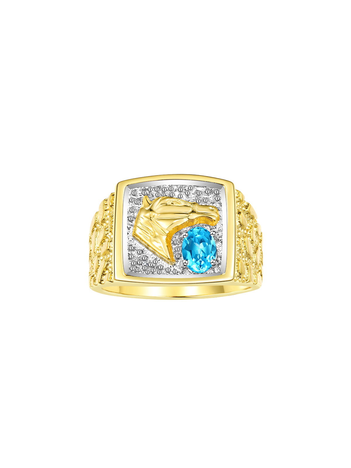 RYLOS Men's Yellow Gold-Plated Sterling Silver Lucky Nugget Horse Head Ring with 6X4MM Gemstone and Diamonds - Birthstone Elegance for Men, Sizes 8-13 Available