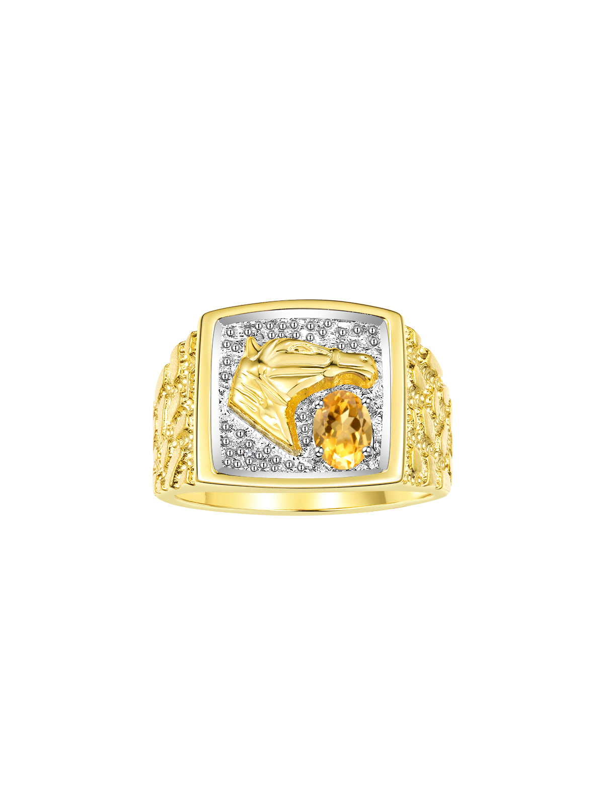 RYLOS Men's Yellow Gold-Plated Sterling Silver Lucky Nugget Horse Head Ring with 6X4MM Gemstone and Diamonds - Birthstone Elegance for Men, Sizes 8-13 Available