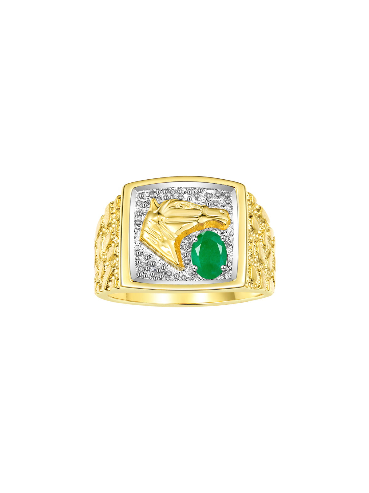 RYLOS Men's Yellow Gold-Plated Sterling Silver Lucky Nugget Horse Head Ring with 6X4MM Gemstone and Diamonds - Birthstone Elegance for Men, Sizes 8-13 Available