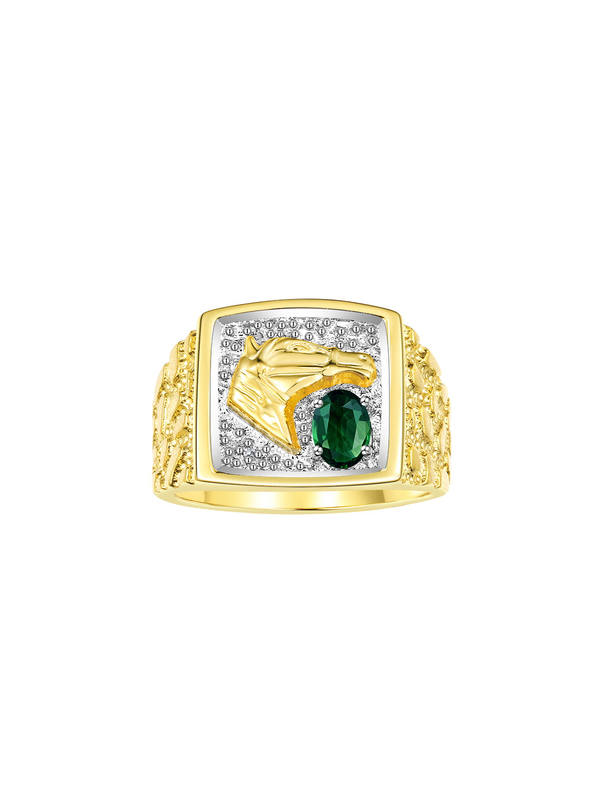 RYLOS Men's Yellow Gold-Plated Sterling Silver Lucky Nugget Horse Head Ring with 6X4MM Gemstone and Diamonds - Birthstone Elegance for Men, Sizes 8-13 Available