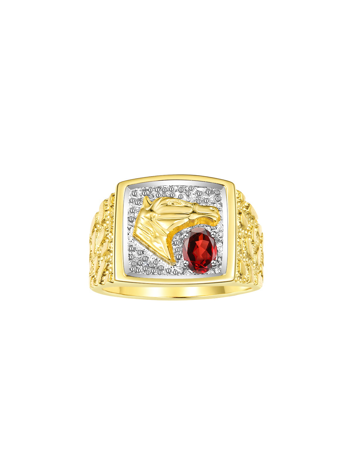 RYLOS Men's Yellow Gold-Plated Sterling Silver Lucky Nugget Horse Head Ring with 6X4MM Gemstone and Diamonds - Birthstone Elegance for Men, Sizes 8-13 Available