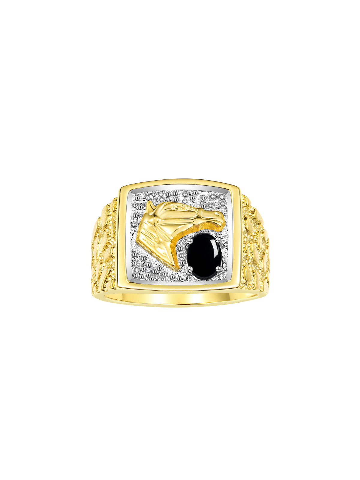 RYLOS Men's Yellow Gold-Plated Sterling Silver Lucky Nugget Horse Head Ring with 6X4MM Gemstone and Diamonds - Birthstone Elegance for Men, Sizes 8-13 Available
