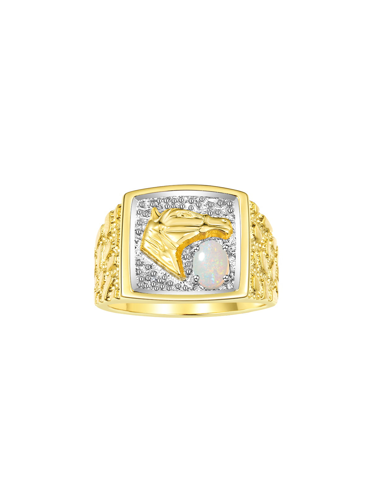 RYLOS Men's Yellow Gold-Plated Sterling Silver Lucky Nugget Horse Head Ring with 6X4MM Gemstone and Diamonds - Birthstone Elegance for Men, Sizes 8-13 Available