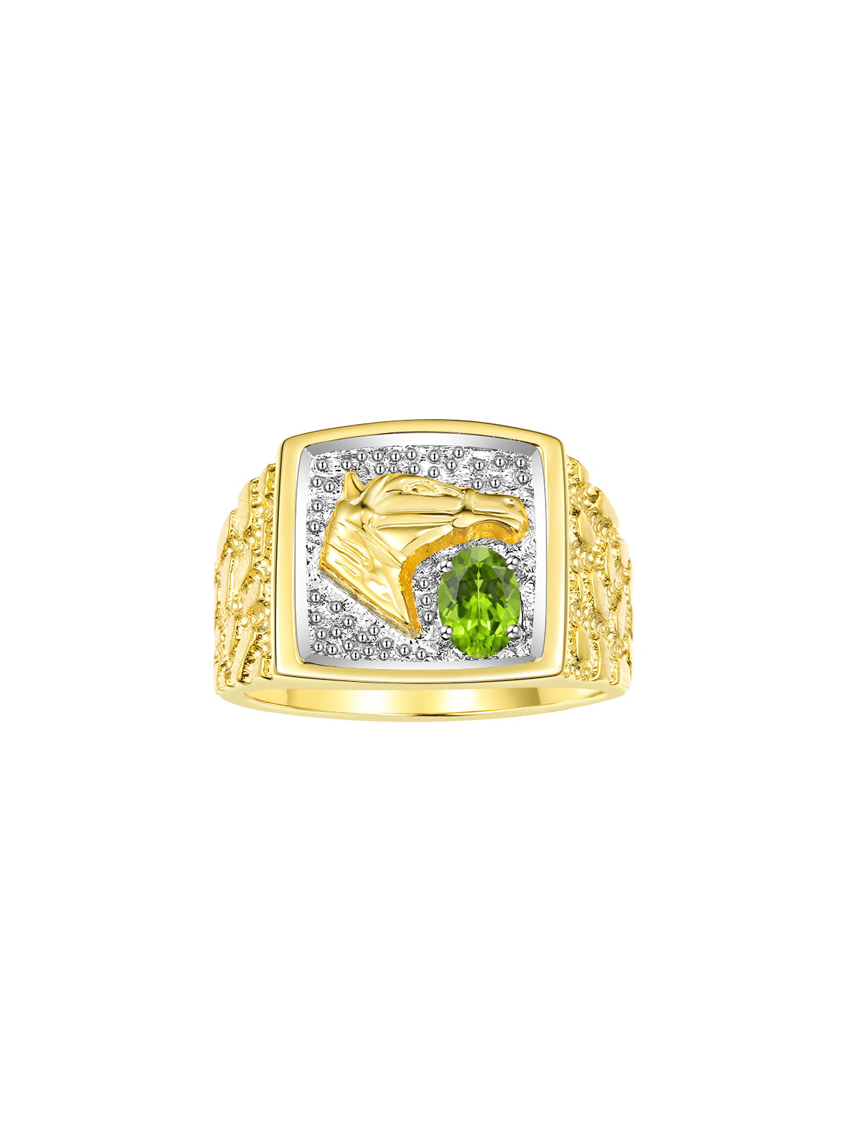 RYLOS Men's Yellow Gold-Plated Sterling Silver Lucky Nugget Horse Head Ring with 6X4MM Gemstone and Diamonds - Birthstone Elegance for Men, Sizes 8-13 Available