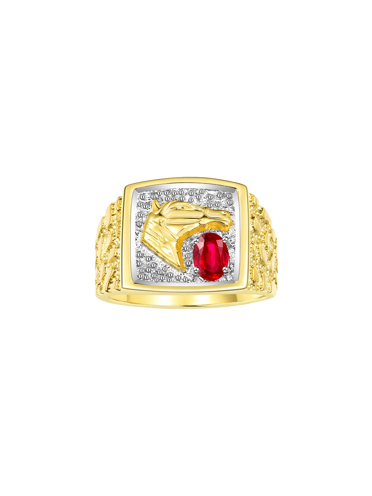 RYLOS Men's Yellow Gold-Plated Sterling Silver Lucky Nugget Horse Head Ring with 6X4MM Gemstone and Diamonds - Birthstone Elegance for Men, Sizes 8-13 Available
