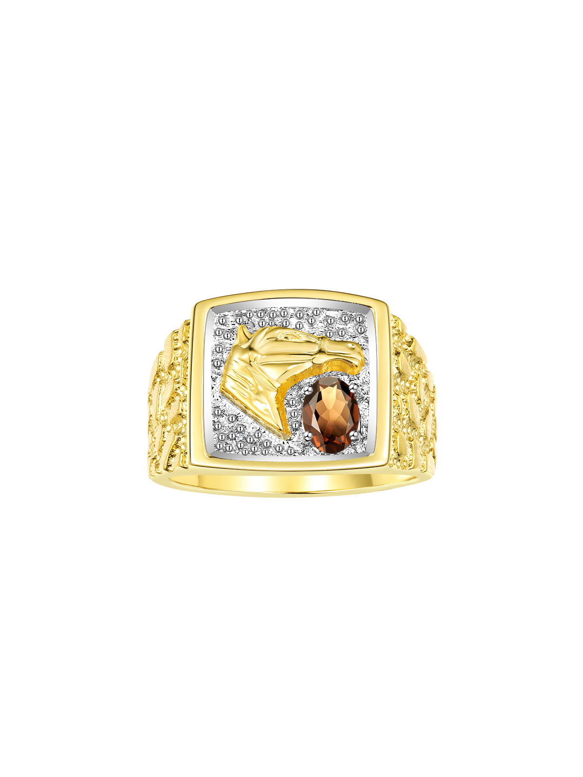 RYLOS Men's Yellow Gold-Plated Sterling Silver Lucky Nugget Horse Head Ring with 6X4MM Gemstone and Diamonds - Birthstone Elegance for Men, Sizes 8-13 Available
