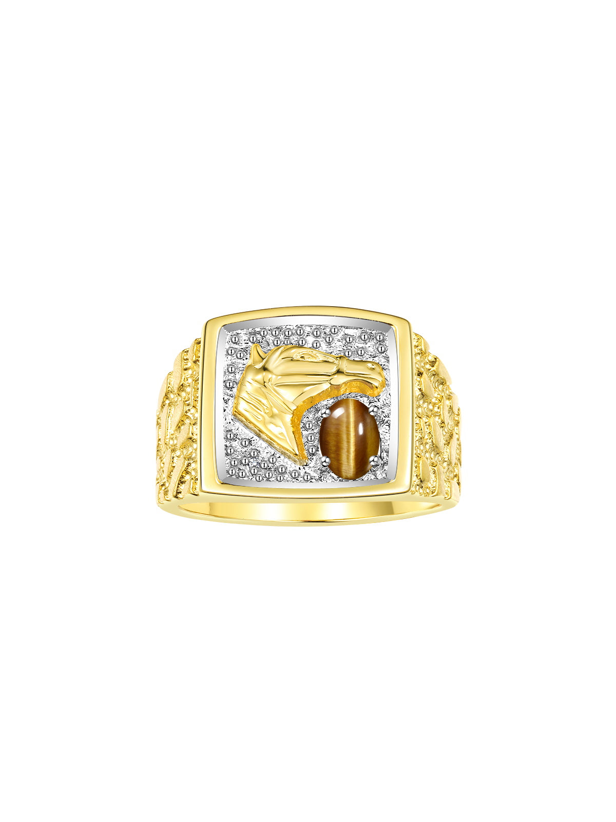 RYLOS Men's Yellow Gold-Plated Sterling Silver Lucky Nugget Horse Head Ring with 6X4MM Gemstone and Diamonds - Birthstone Elegance for Men, Sizes 8-13 Available