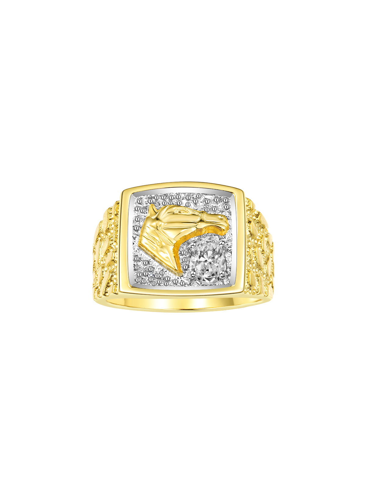 RYLOS Men's Yellow Gold-Plated Sterling Silver Lucky Nugget Horse Head Ring with 6X4MM Gemstone and Diamonds - Birthstone Elegance for Men, Sizes 8-13 Available