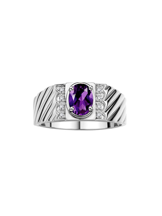 RYLOS Men's 14K White Gold Classic 8X6MM Oval Gemstone & Diamond Ring - Birthstone Elegance, Sizes 8-13