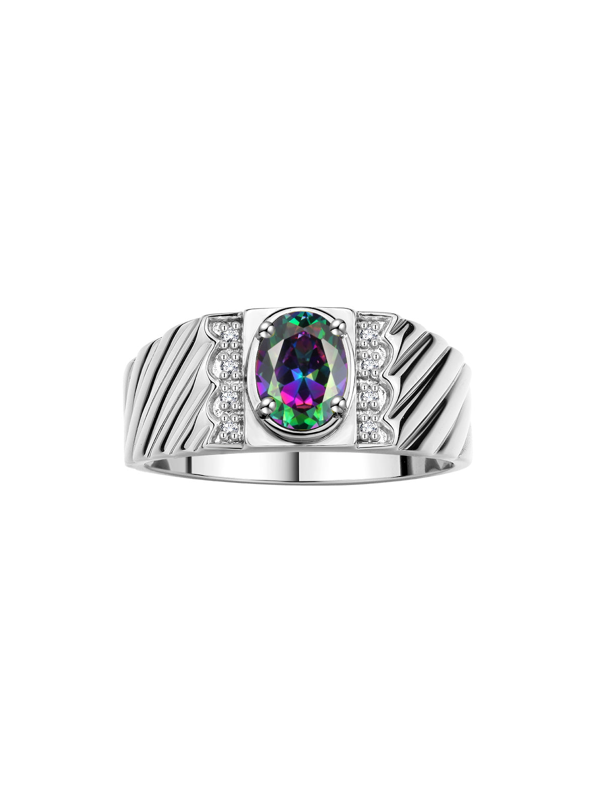 RYLOS Men's Sterling Silver Classic 8X6MM Oval Gemstone & Diamond Ring - Birthstone Elegance, Sizes 8-13