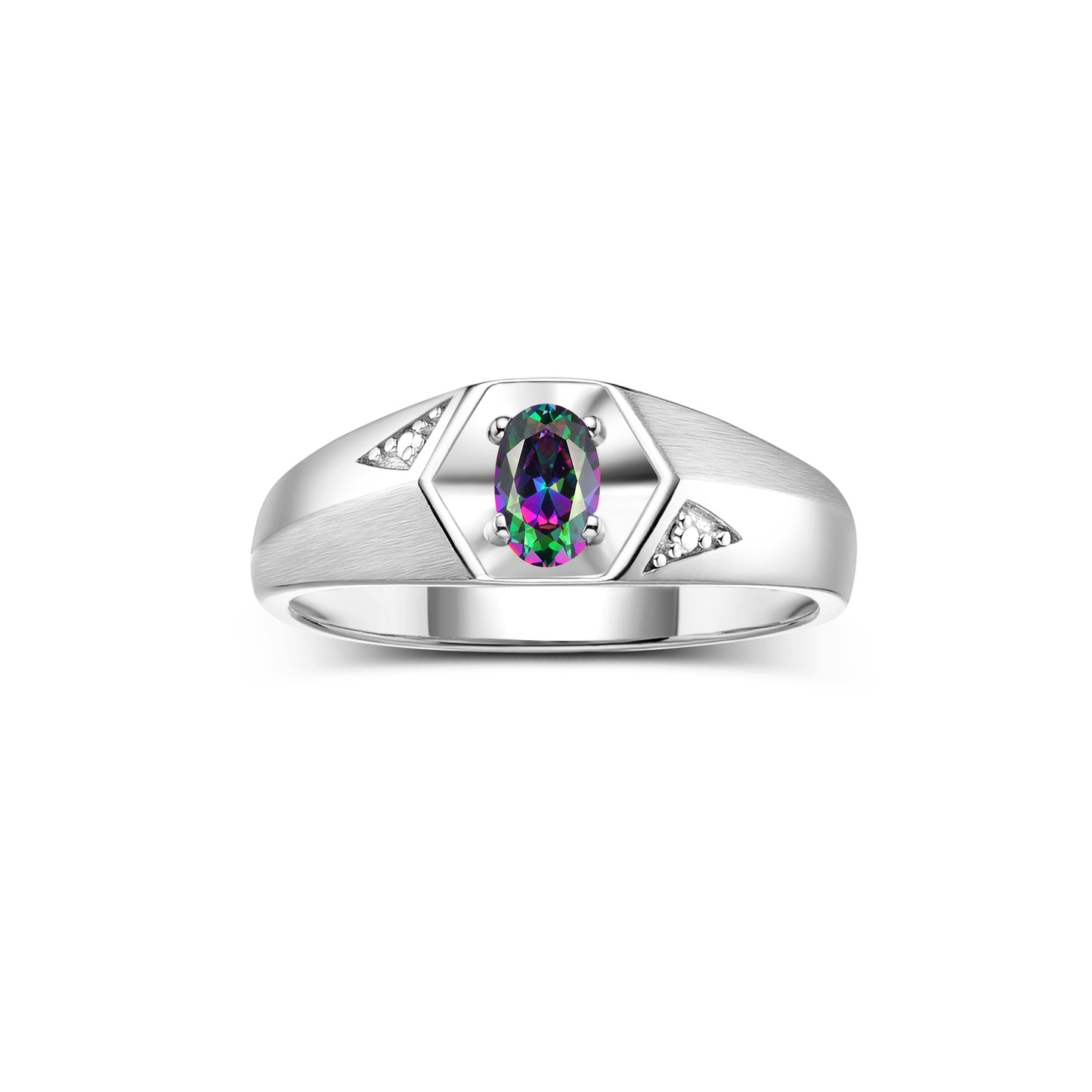 RYLOS Men's 14K White Gold Classic 6X4MM Oval Gemstone & Diamond Ring - Birthstone Elegance, Sizes 8-13