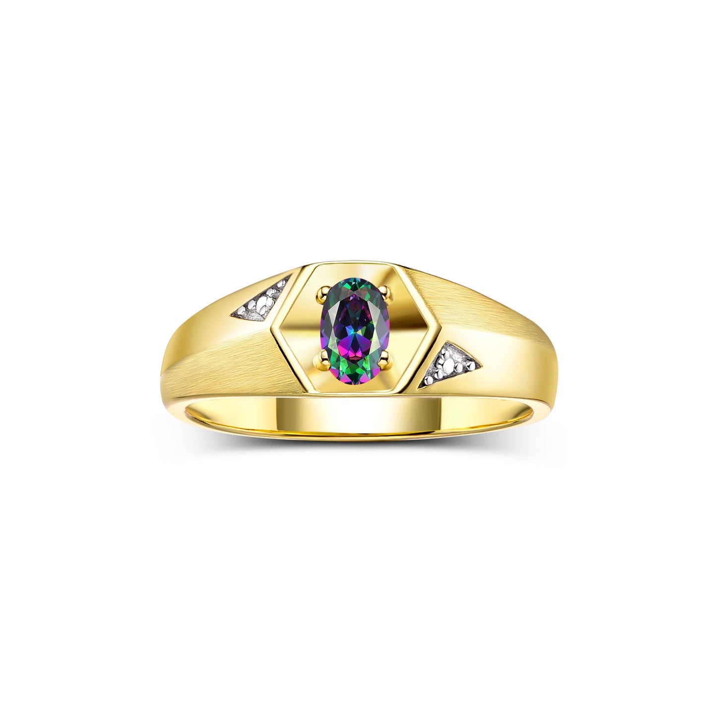 RYLOS Men's Yellow Gold Plated Silver Classic 6X4MM Oval Gemstone & Diamond Ring - Birthstone Elegance, Sizes 8-14