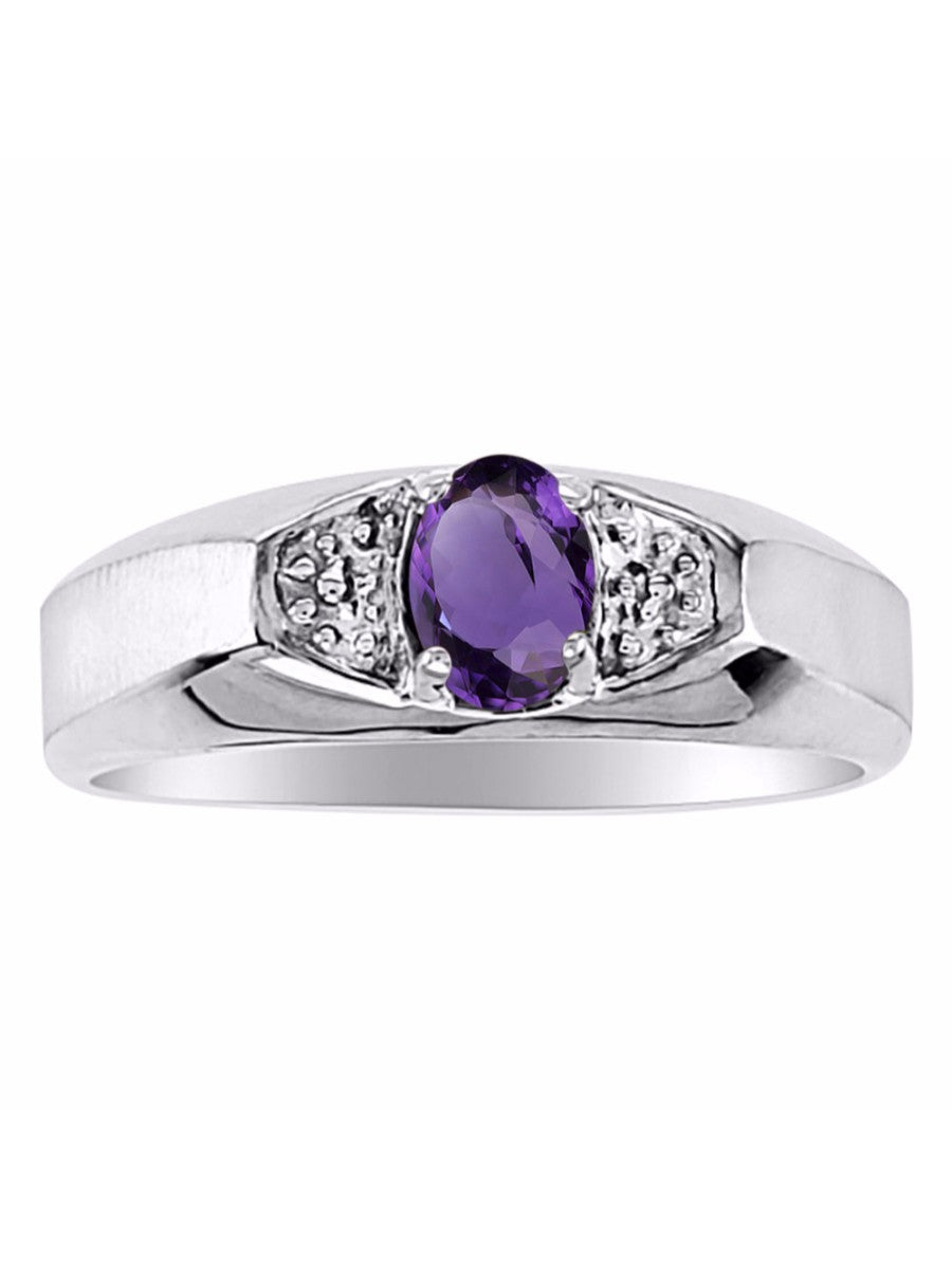 RYLOS Men's 14K White Gold Classic 6X4MM Oval Gemstone & Diamond Ring - Birthstone Elegance, Sizes 8-13