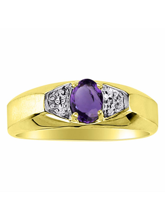 RYLOS Men's Yellow Gold-Plated Silver Classic 6X4MM Oval Gemstone & Diamond Ring - Birthstone Elegance, Sizes 8-13