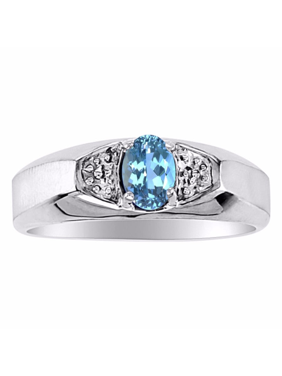 RYLOS Men's 14K White Gold Classic 6X4MM Oval Gemstone & Diamond Ring - Birthstone Elegance, Sizes 8-13