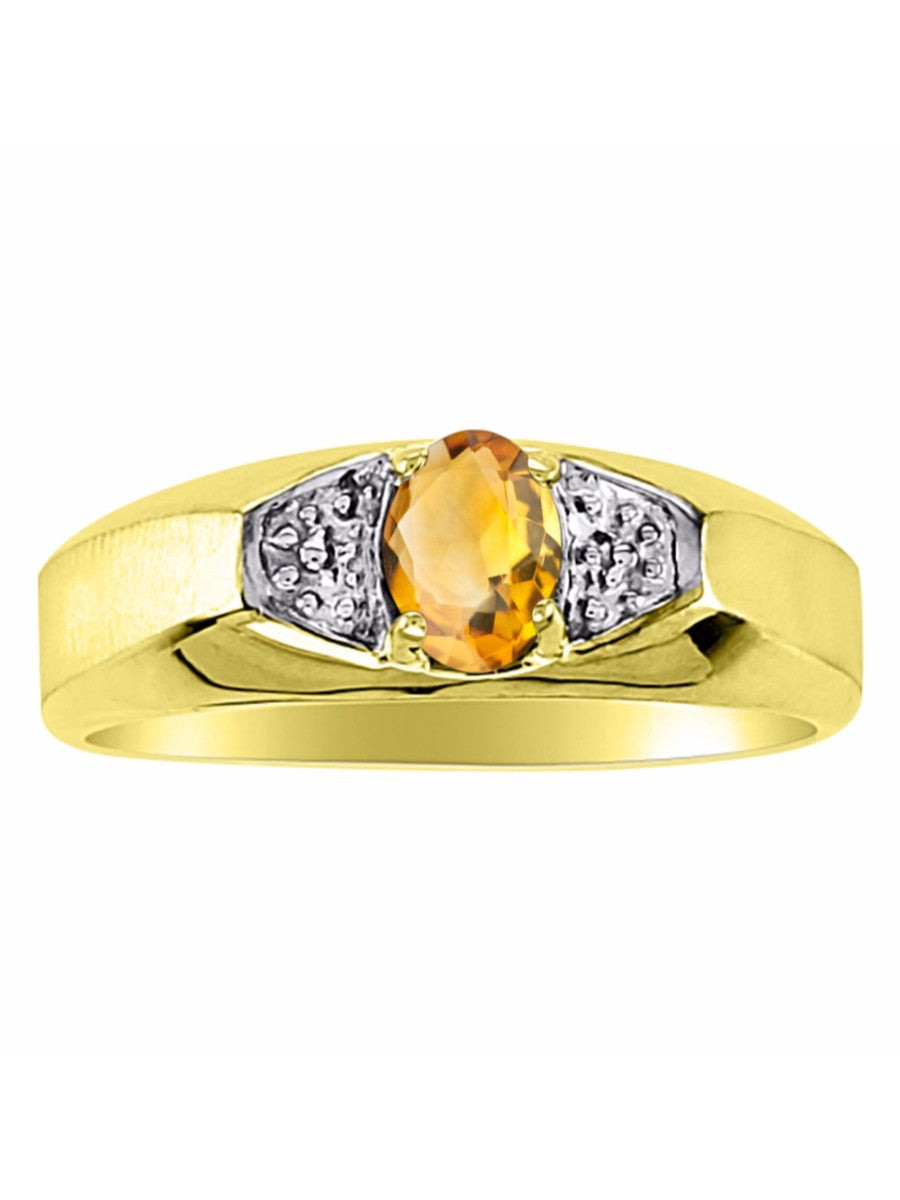 RYLOS Men's Yellow Gold-Plated Silver Classic 6X4MM Oval Gemstone & Diamond Ring - Birthstone Elegance, Sizes 8-13