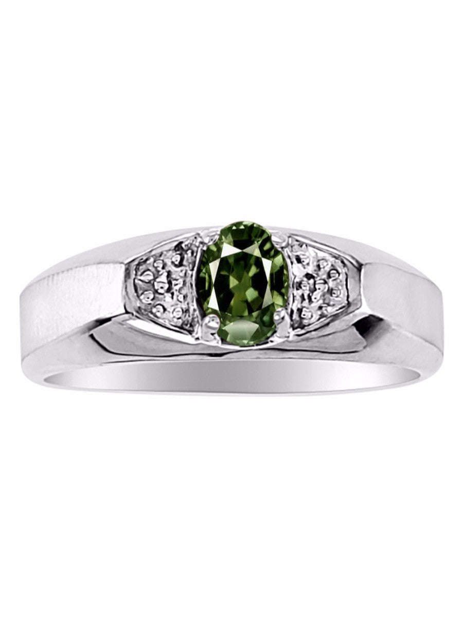 RYLOS Men's 14K White Gold Classic 6X4MM Oval Gemstone & Diamond Ring - Birthstone Elegance, Sizes 8-13