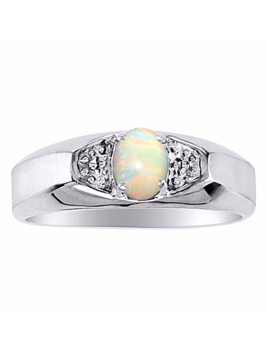 RYLOS Men's 14K White Gold Classic 6X4MM Oval Gemstone & Diamond Ring - Birthstone Elegance, Sizes 8-13
