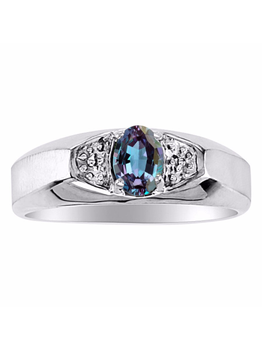 RYLOS Men's Sterling Silver Classic 6X4MM Oval Gemstone & Diamond Ring - Birthstone Elegance, Sizes 8-13