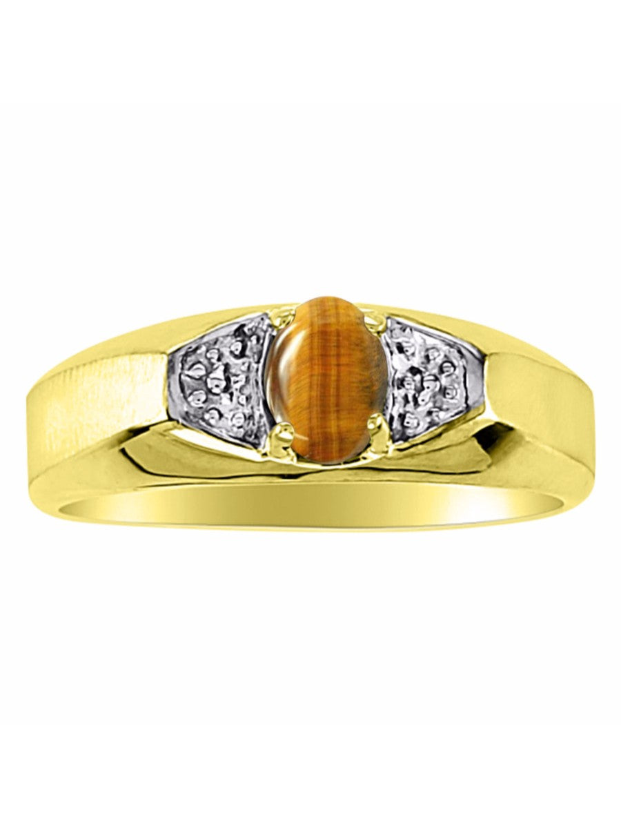 RYLOS Men's Yellow Gold-Plated Silver Classic 6X4MM Oval Gemstone & Diamond Ring - Birthstone Elegance, Sizes 8-13