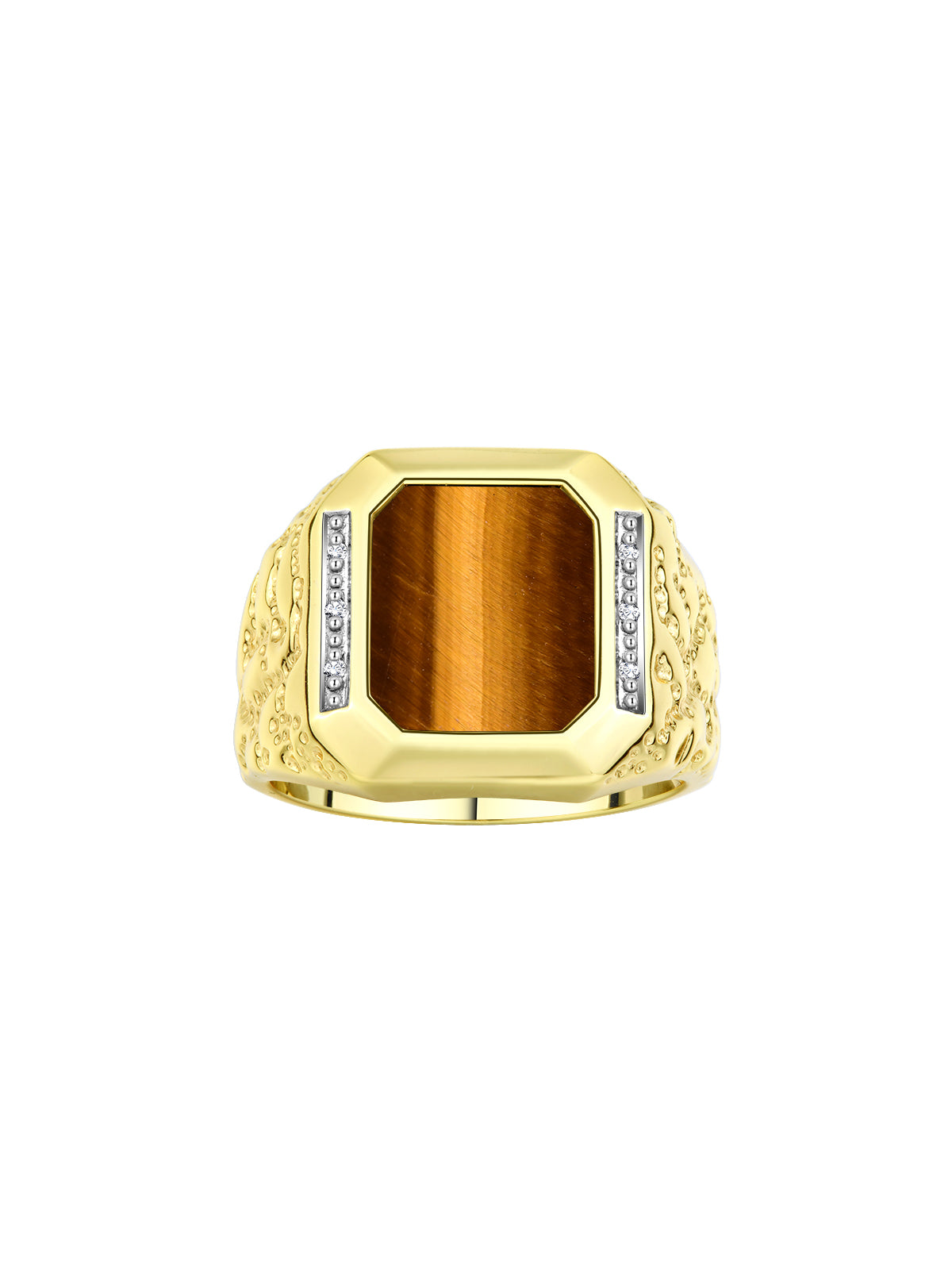 RYLOS Men's Rings With Diamonds and Black Onyx, Tiger Eye, Blue, Green, or Red Quartz Set in Designer Nugget Style - Unique Yellow Gold Plated Silver Rings for Men, Sizes 8-13