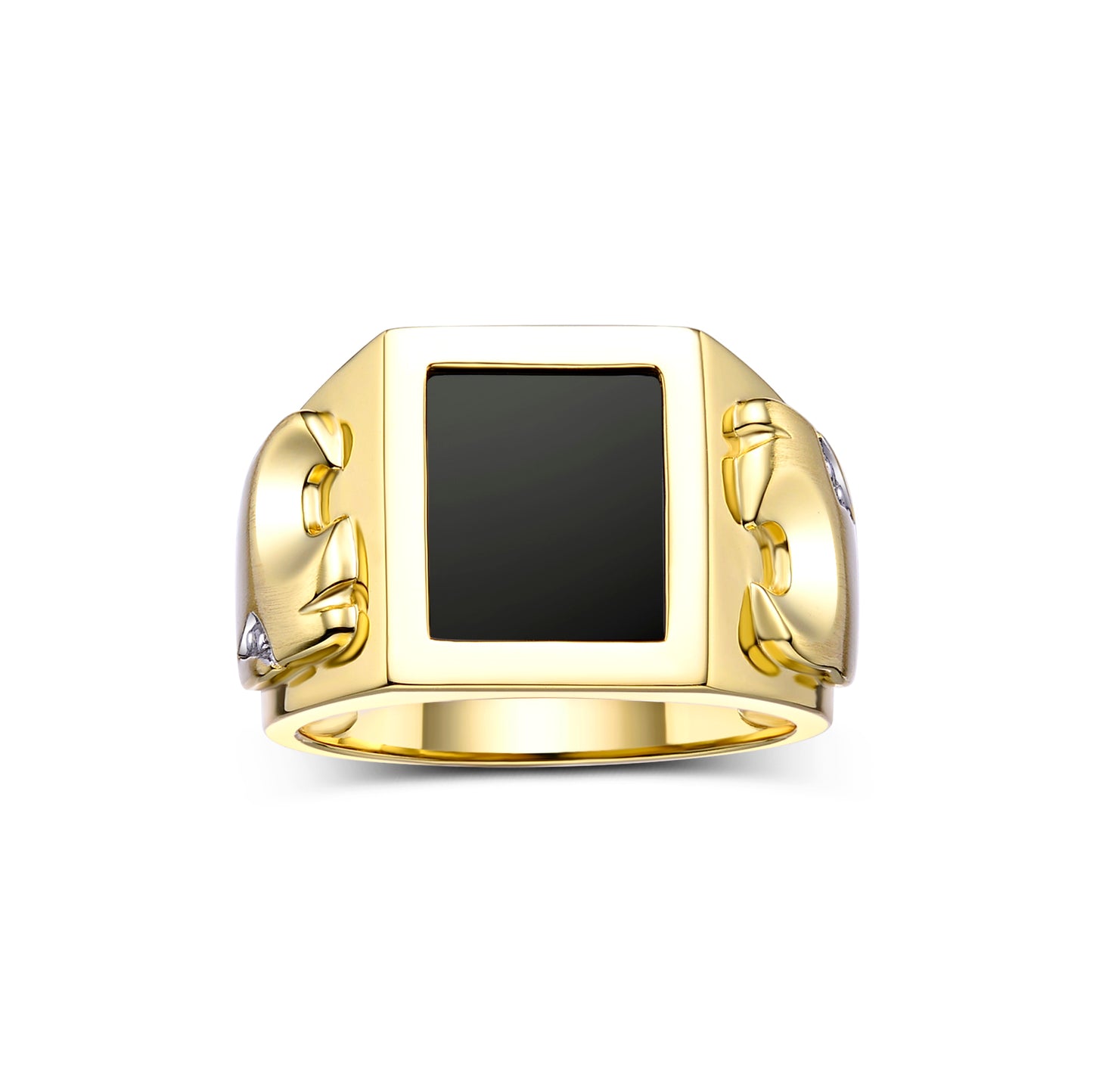 RYLOS 14K Yellow Gold Men's Ring, Diamonds and Black Onyx, Mosaic Opal, or Tiger Eye, Tiger Head motifs on both sides. Sizes 8 to 13