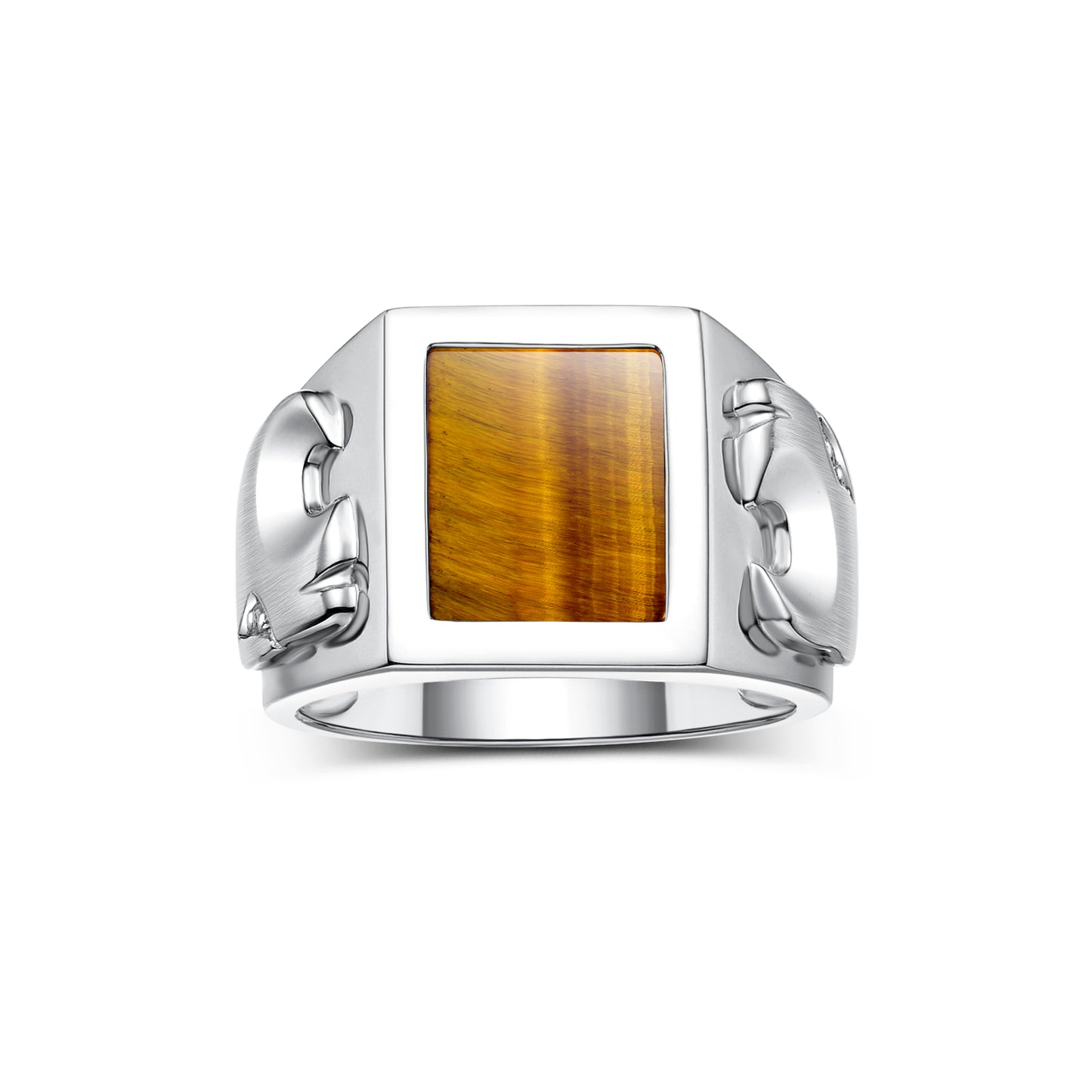 RYLOS 14K White Gold Men's Ring, Diamonds and Black Onyx, Mosaic Opal, or Tiger Eye, Tiger Head motifs on both sides. Sizes 8 to 13