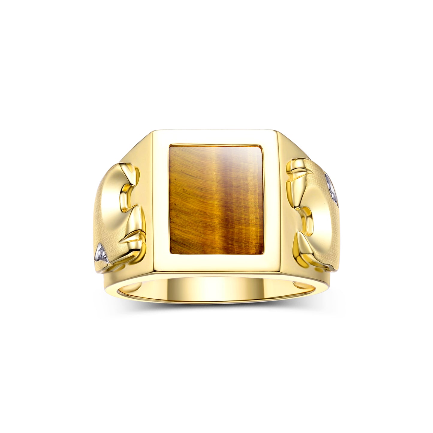 RYLOS 14K Yellow Gold Men's Ring, Diamonds and Black Onyx, Mosaic Opal, or Tiger Eye, Tiger Head motifs on both sides. Sizes 8 to 13