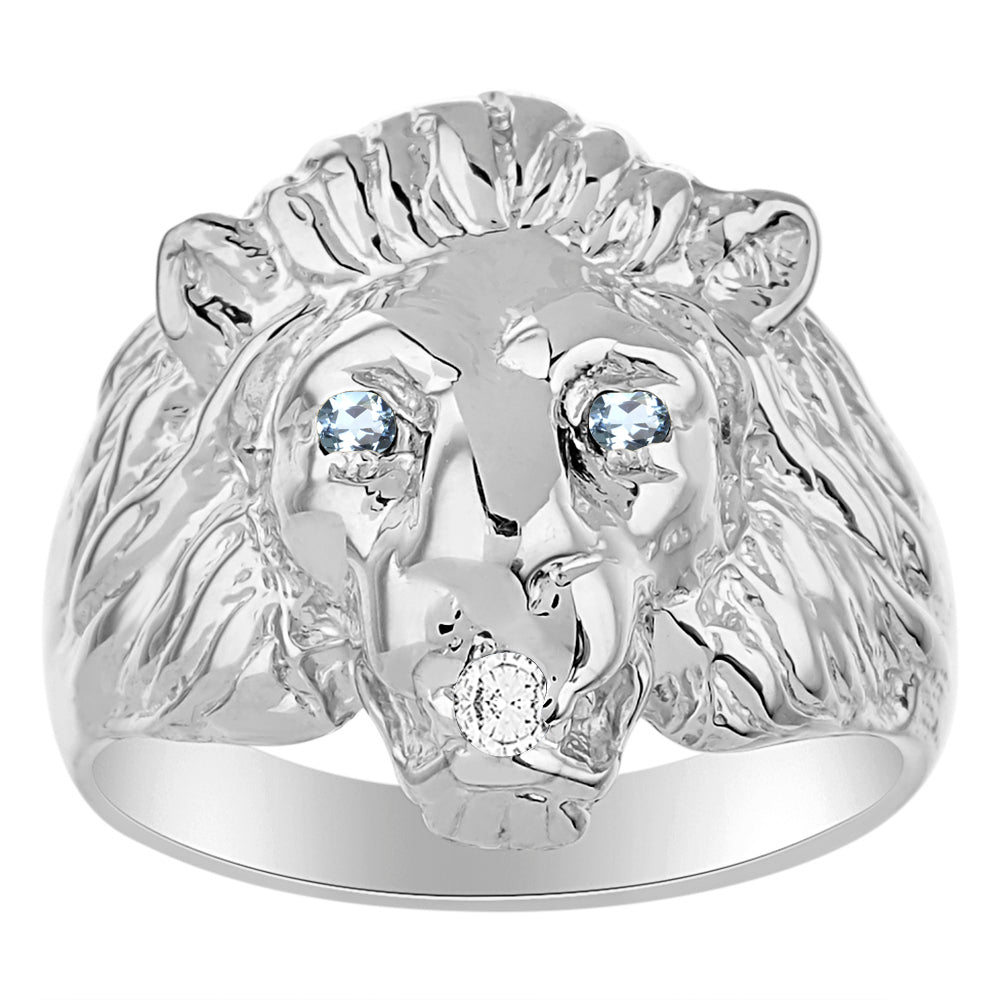RYLOS Men's 14K White Gold Lion Head Ring with Color Stones in Eyes & Diamond in the Mouth – Fun Designer Rings in Sizes 6-13