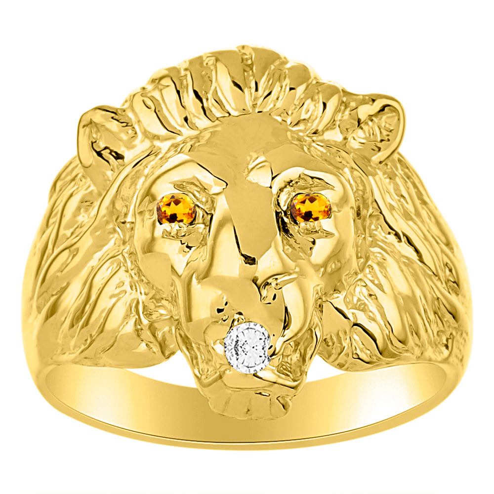 RYLOS  Lion Head Ring with Gemstone Eyes & Diamond Mouth – Fun Designer Rings in Sizes 8-13 in Yellow Gold Plated Silver