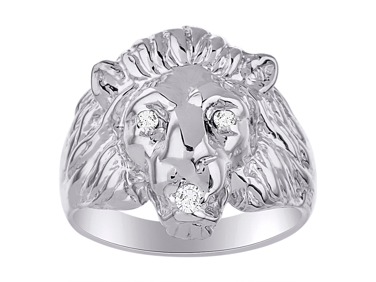 RYLOS Men's 14K White Gold Lion Head Ring with Black Diamond Eyes & Gemstone Mouth – Fun Designer Rings in Sizes 6-13