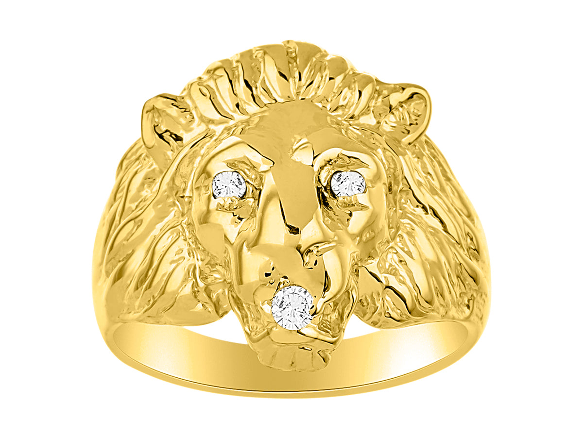 RYLOS Lion Head Ring Color Stones Eyes & Diamond Mouth – Fun Designer Rings in Sizes 8-13 in Yellow Gold Plated Silver