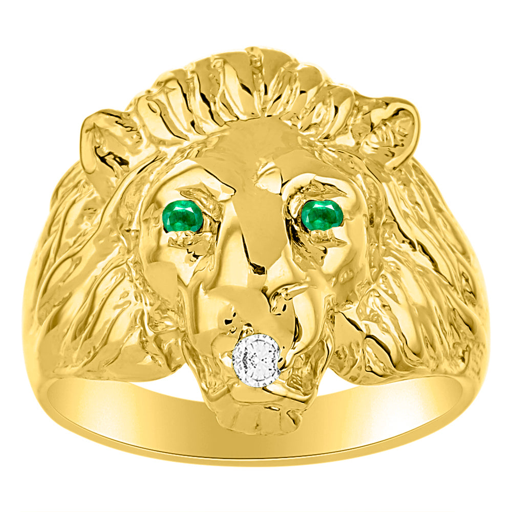 RYLOS Men's 14K Yellow Gold Lion Head Ring with Color Stones in Eyes & Diamond in the Mouth – Fun Designer Rings in Sizes 6-13