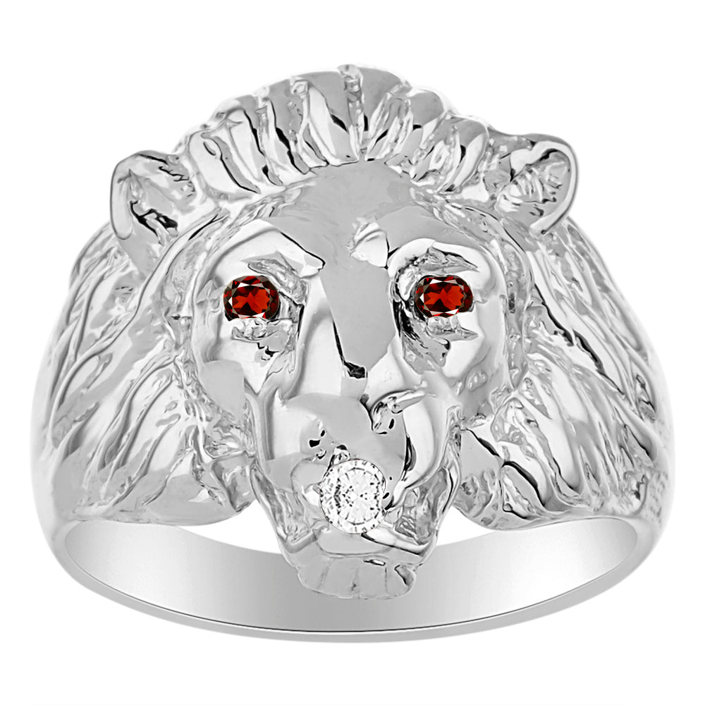 RYLOS Men's 14K White Gold Lion Head Ring with Color Stones in Eyes & Diamond in the Mouth – Fun Designer Rings in Sizes 6-13