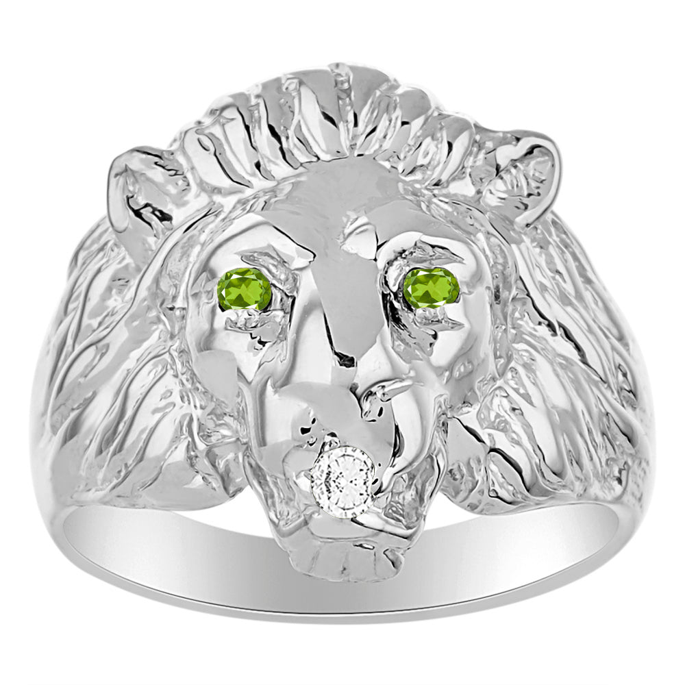 RYLOS Men's 14K White Gold Lion Head Ring with Color Stones in Eyes & Diamond in the Mouth – Fun Designer Rings in Sizes 6-13