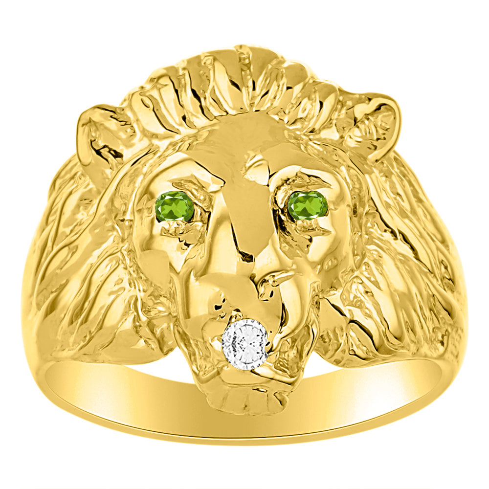 RYLOS Men's 14K Yellow Gold Lion Head Ring with Color Stones in Eyes & Diamond in the Mouth – Fun Designer Rings in Sizes 6-13