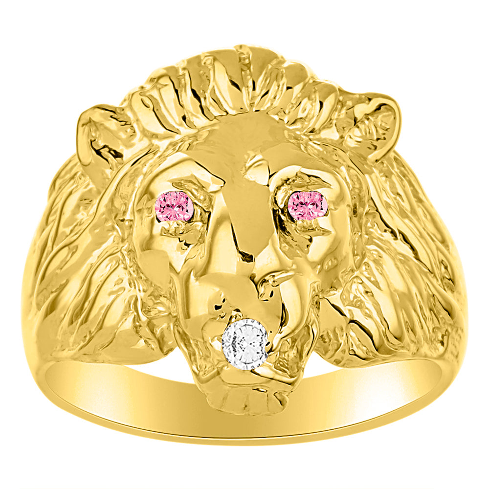 RYLOS Men's 14K Yellow Gold Lion Head Ring with Color Stones in Eyes & Diamond in the Mouth – Fun Designer Rings in Sizes 6-13