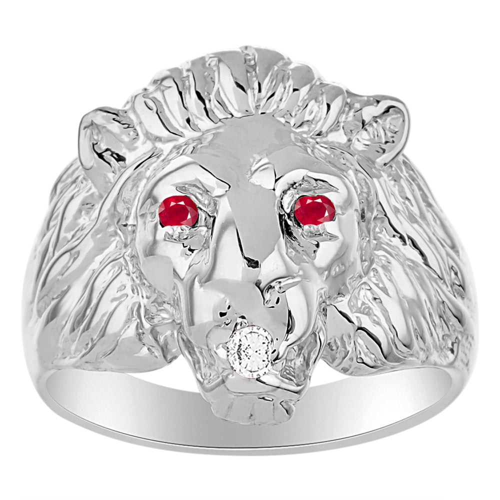 RYLOS Men's 14K White Gold Lion Head Ring with Color Stones in Eyes & Diamond in the Mouth – Fun Designer Rings in Sizes 6-13